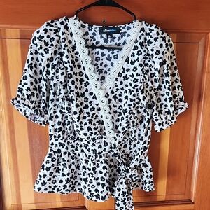 Allegra K Black and White Ruffled Peplum Blouse